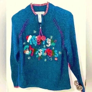 Vintage Tiarra Int'l embroidered applique pompom holiday Christmas sweater sz S